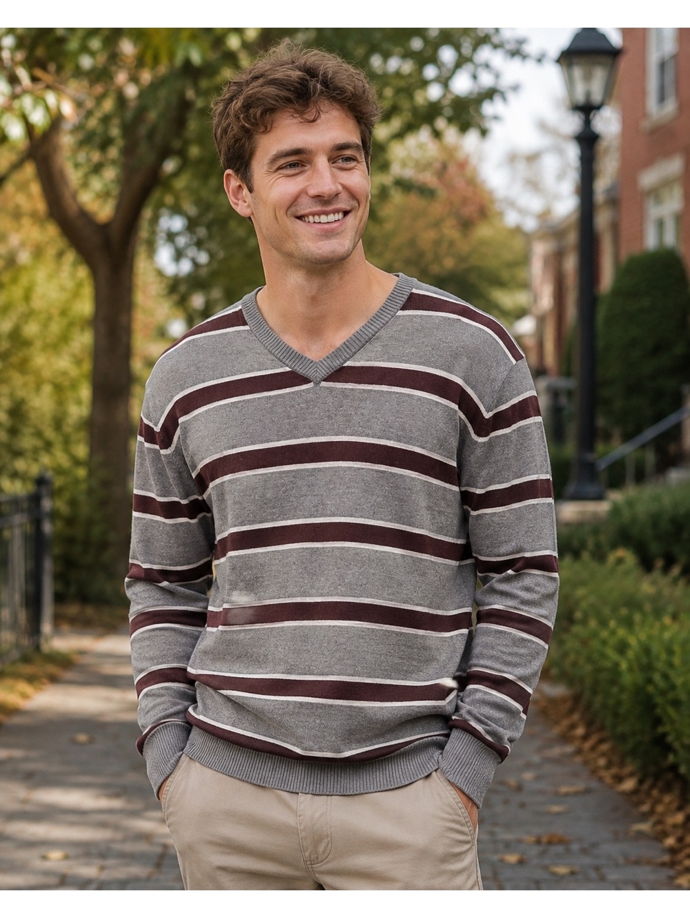 Aeropostale Men's gray burgundy striped V-neck sweater